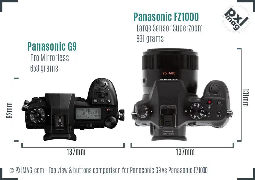 Panasonic G9 vs Panasonic FZ1000 top view buttons comparison