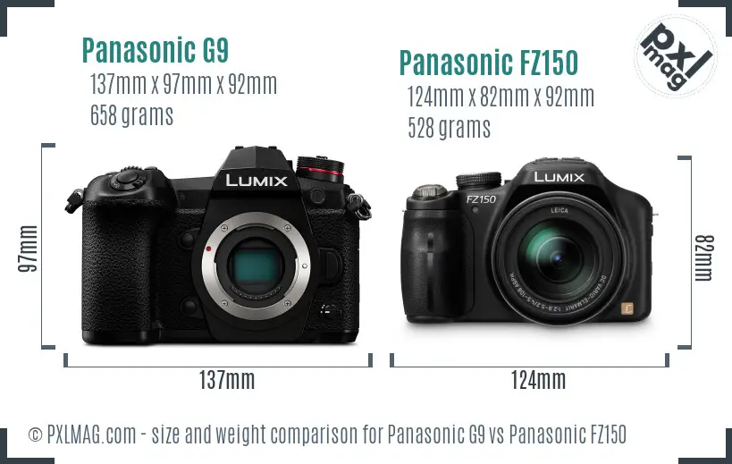 Panasonic G9 vs Panasonic FZ150 size comparison