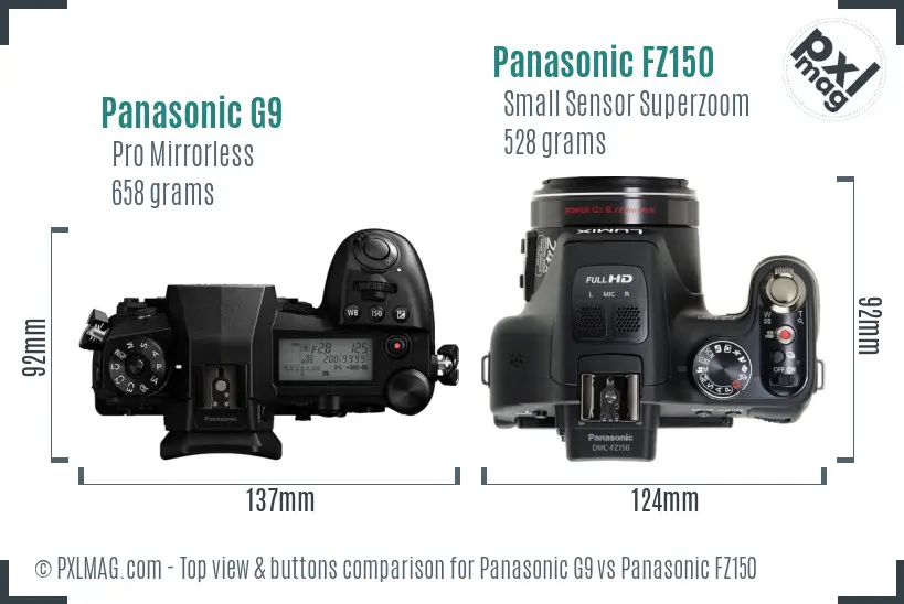 Panasonic G9 vs Panasonic FZ150 top view buttons comparison