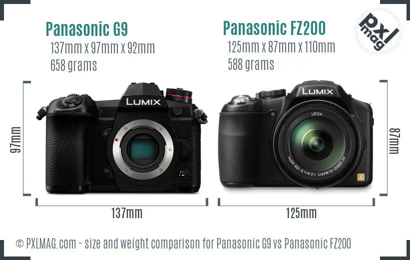 Panasonic G9 vs Panasonic FZ200 size comparison