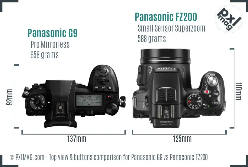 Panasonic G9 vs Panasonic FZ200 top view buttons comparison