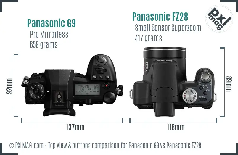 Panasonic G9 vs Panasonic FZ28 top view buttons comparison