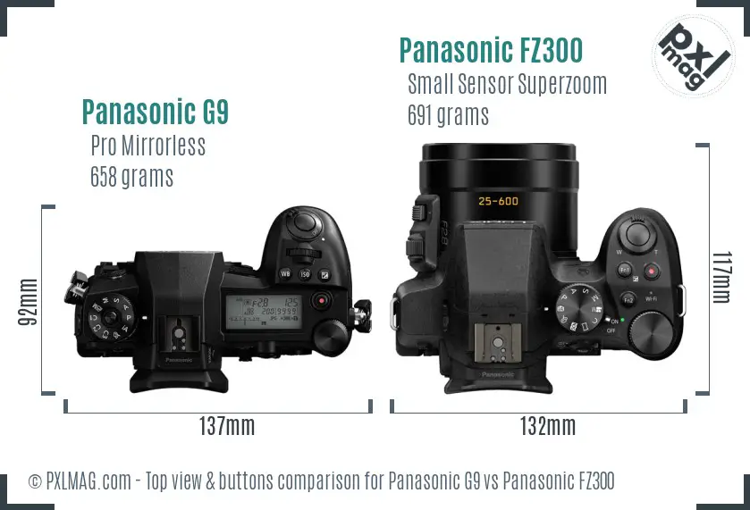Panasonic G9 vs Panasonic FZ300 top view buttons comparison