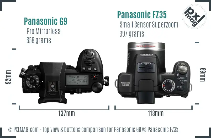 Panasonic G9 vs Panasonic FZ35 top view buttons comparison