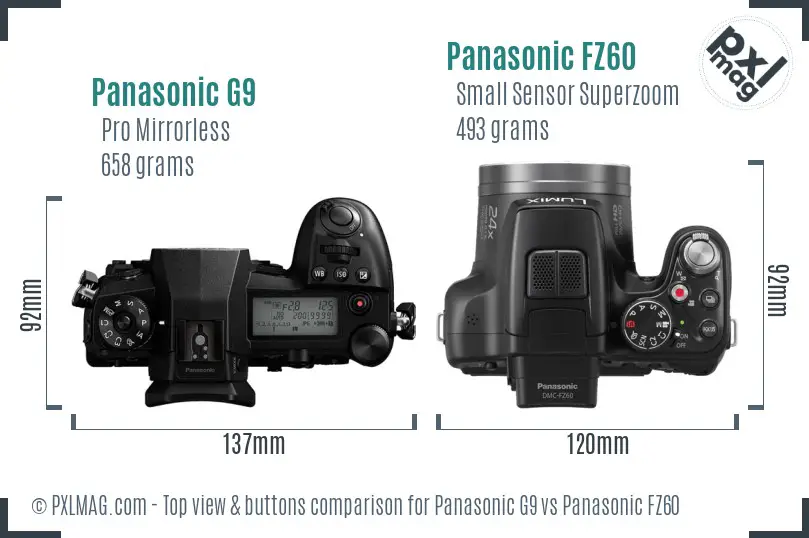 Panasonic G9 vs Panasonic FZ60 top view buttons comparison