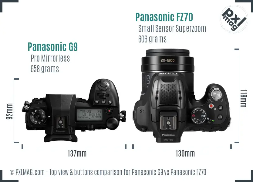 Panasonic G9 vs Panasonic FZ70 top view buttons comparison