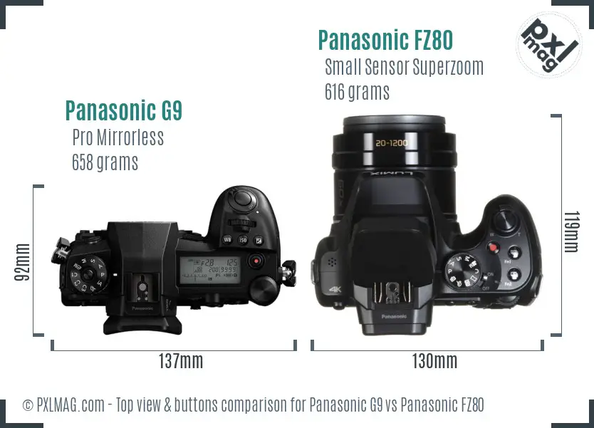 Panasonic G9 vs Panasonic FZ80 top view buttons comparison