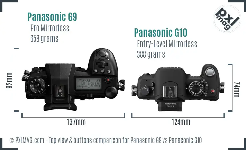 Panasonic G9 vs Panasonic G10 top view buttons comparison