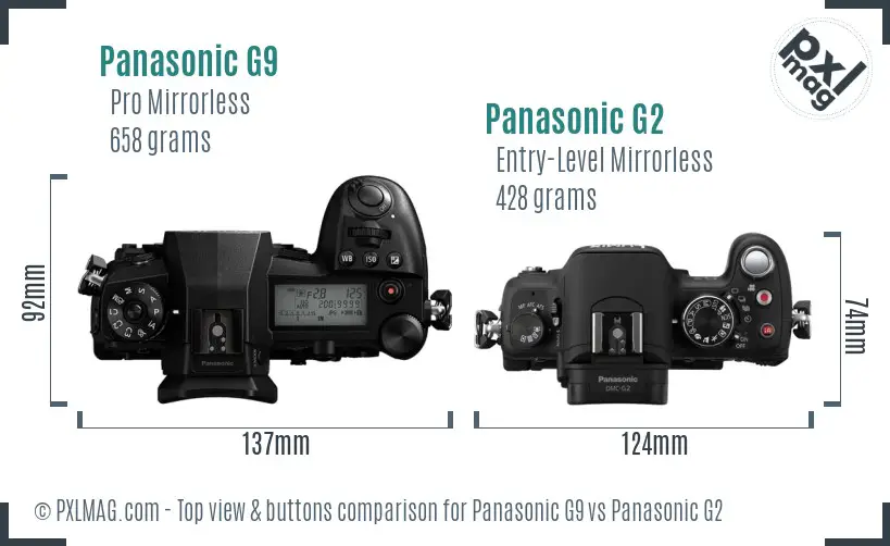 Panasonic G9 vs Panasonic G2 top view buttons comparison