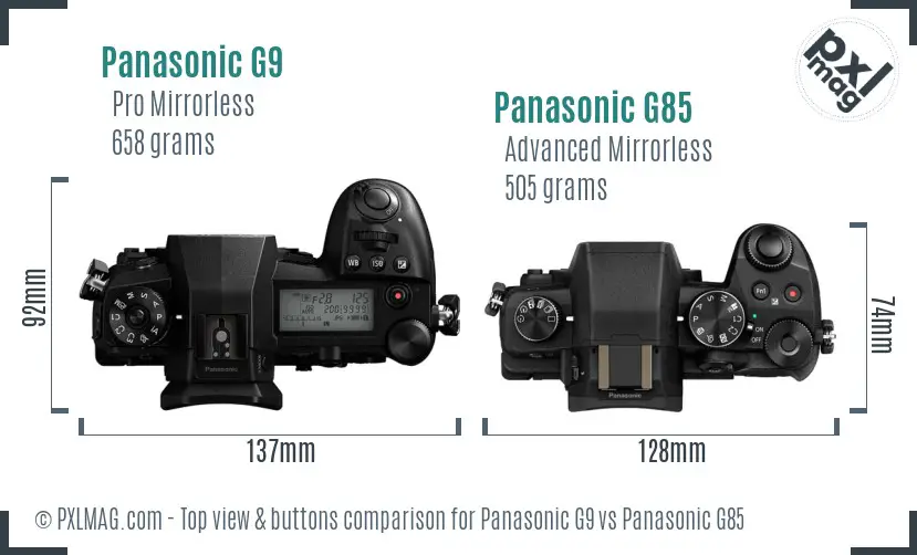 Panasonic G9 vs Panasonic G85 top view buttons comparison
