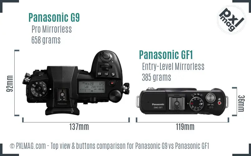 Panasonic G9 vs Panasonic GF1 top view buttons comparison