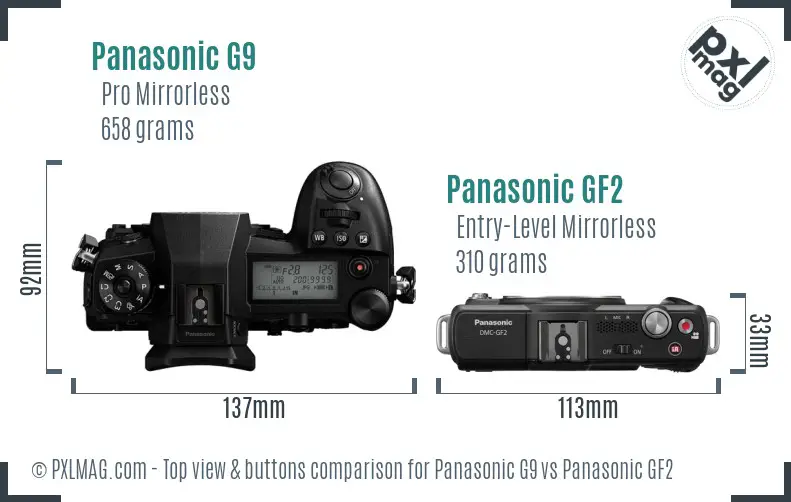 Panasonic G9 vs Panasonic GF2 top view buttons comparison