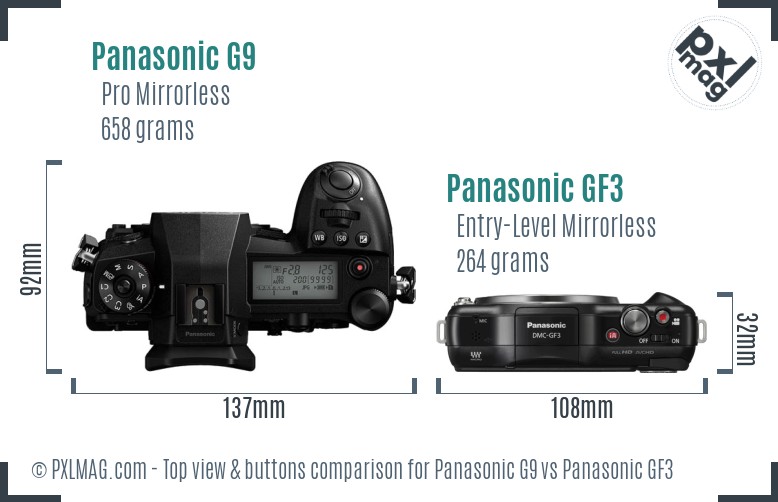 Panasonic G9 vs Panasonic GF3 top view buttons comparison