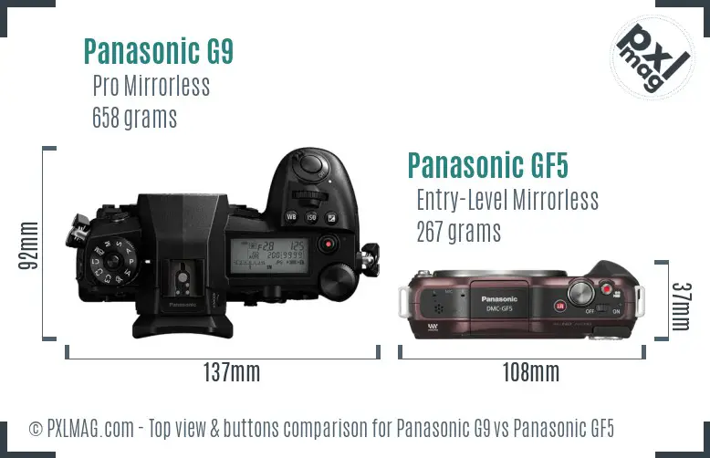 Panasonic G9 vs Panasonic GF5 top view buttons comparison