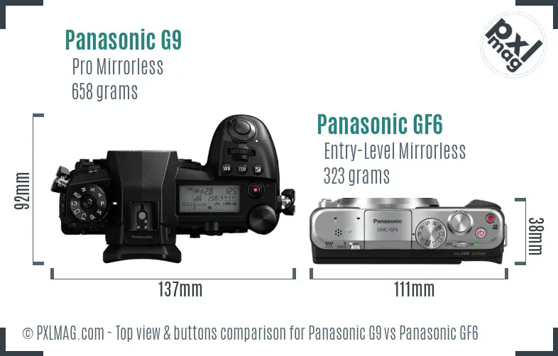 Panasonic G9 vs Panasonic GF6 top view buttons comparison