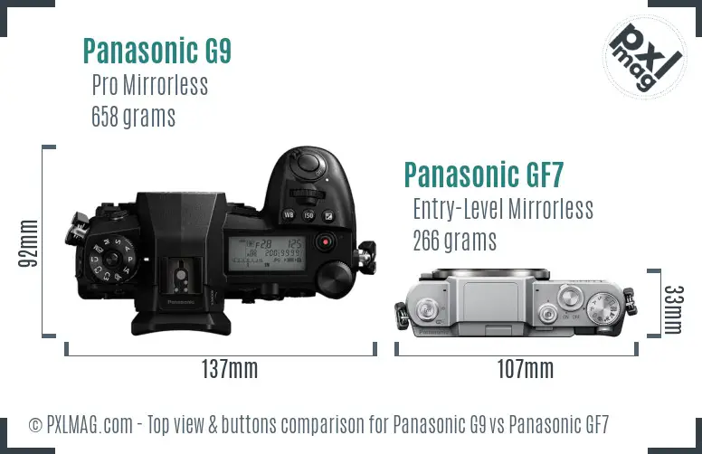 Panasonic G9 vs Panasonic GF7 top view buttons comparison