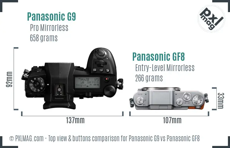 Panasonic G9 vs Panasonic GF8 top view buttons comparison