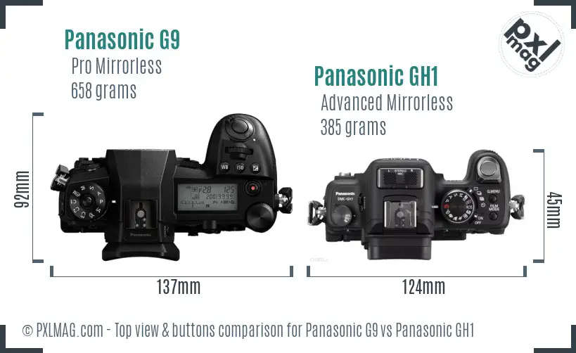 Panasonic G9 vs Panasonic GH1 top view buttons comparison