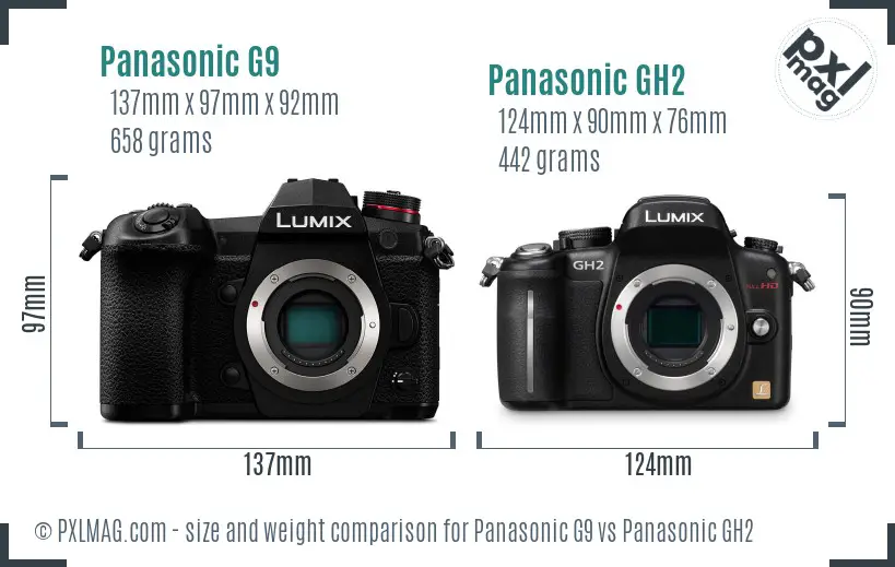 Panasonic G9 vs Panasonic GH2 size comparison