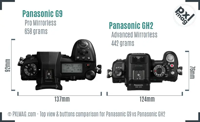 Panasonic G9 vs Panasonic GH2 top view buttons comparison