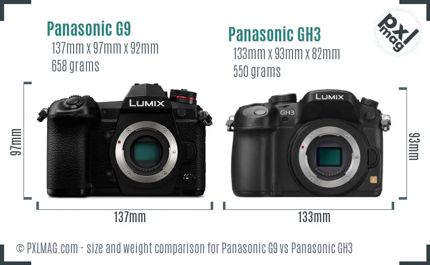 Panasonic G9 vs Panasonic GH3 size comparison