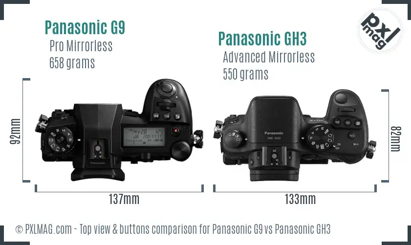 Panasonic G9 vs Panasonic GH3 top view buttons comparison