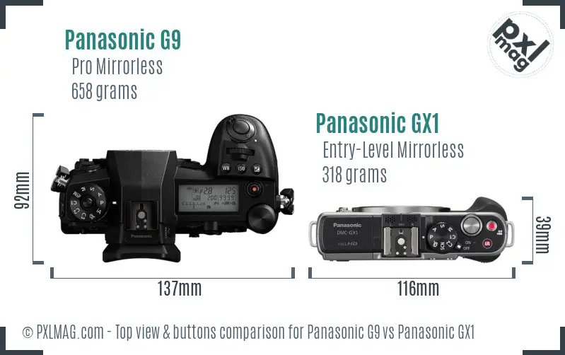 Panasonic G9 vs Panasonic GX1 top view buttons comparison