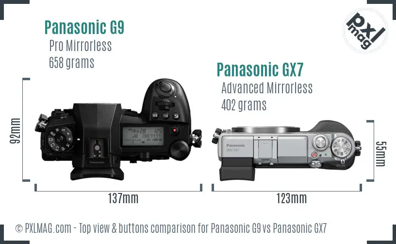 Panasonic G9 vs Panasonic GX7 top view buttons comparison