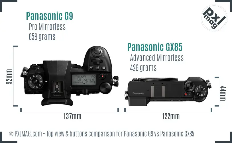 Panasonic G9 vs Panasonic GX85 top view buttons comparison