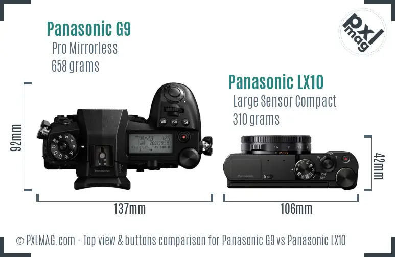 Panasonic G9 vs Panasonic LX10 top view buttons comparison