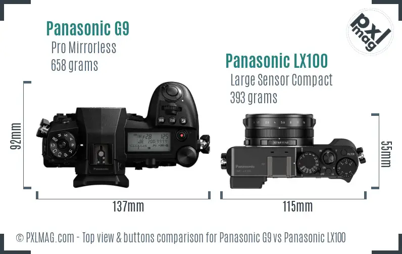 Panasonic G9 vs Panasonic LX100 top view buttons comparison Panasonic G9 vs Panasonic LX100 top view buttons comparison