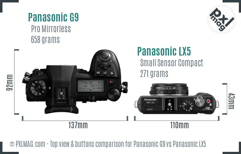 Panasonic G9 vs Panasonic LX5 top view buttons comparison Panasonic G9 vs Panasonic LX5 top view buttons comparison