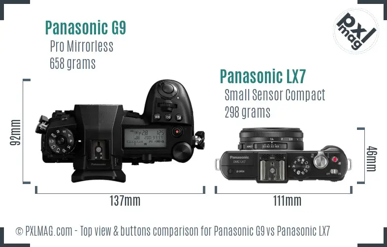 Panasonic G9 vs Panasonic LX7 top view buttons comparison