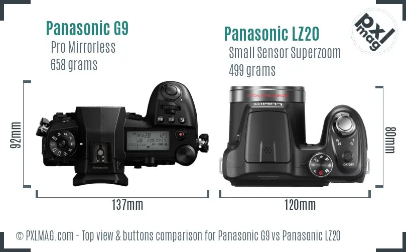 Panasonic G9 vs Panasonic LZ20 top view buttons comparison Panasonic G9 vs Panasonic LZ20 top view buttons comparison