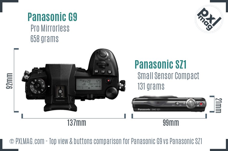 Panasonic G9 vs Panasonic SZ1 top view buttons comparison