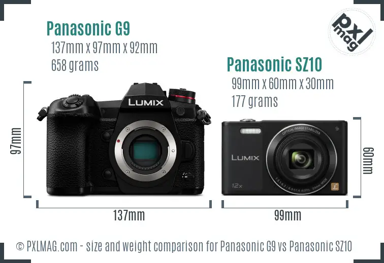 Panasonic G9 vs Panasonic SZ10 size comparison