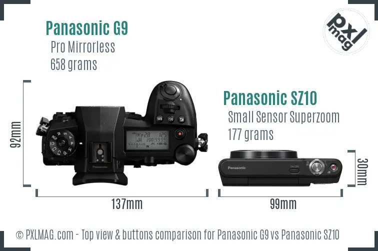 Panasonic G9 vs Panasonic SZ10 top view buttons comparison