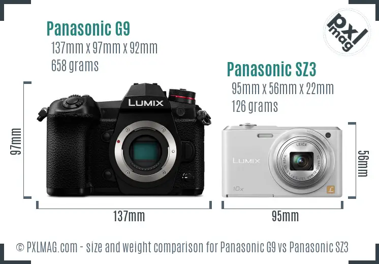 Panasonic G9 vs Panasonic SZ3 size comparison Panasonic G9 vs Panasonic SZ3 size comparison