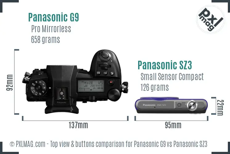 Panasonic G9 vs Panasonic SZ3 top view buttons comparison