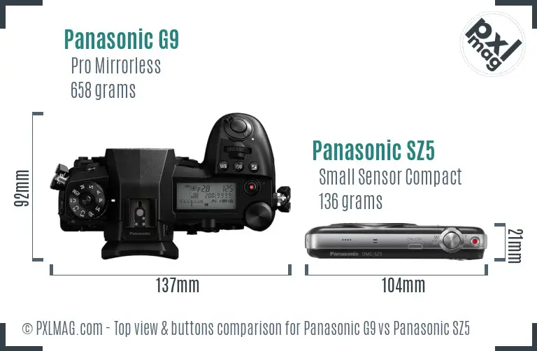 Panasonic G9 vs Panasonic SZ5 top view buttons comparison Panasonic G9 vs Panasonic SZ5 top view buttons comparison