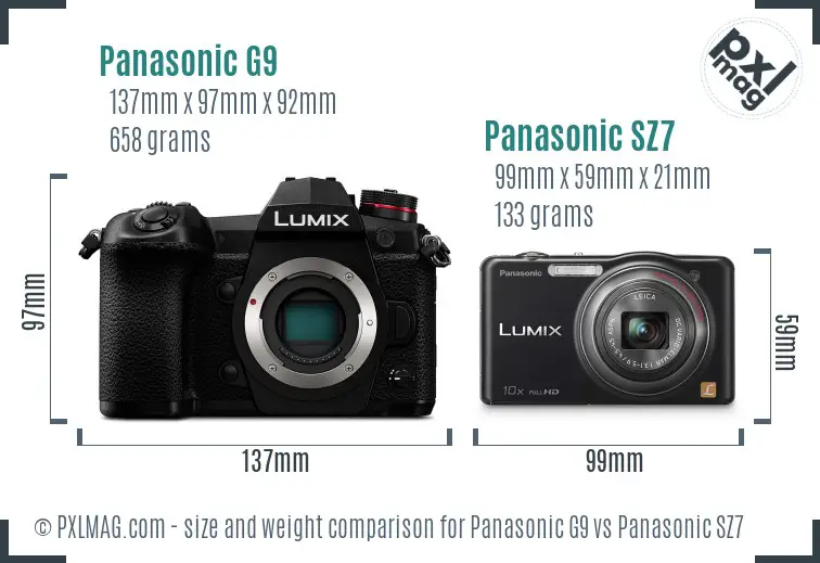 Panasonic G9 vs Panasonic SZ7 size comparison
