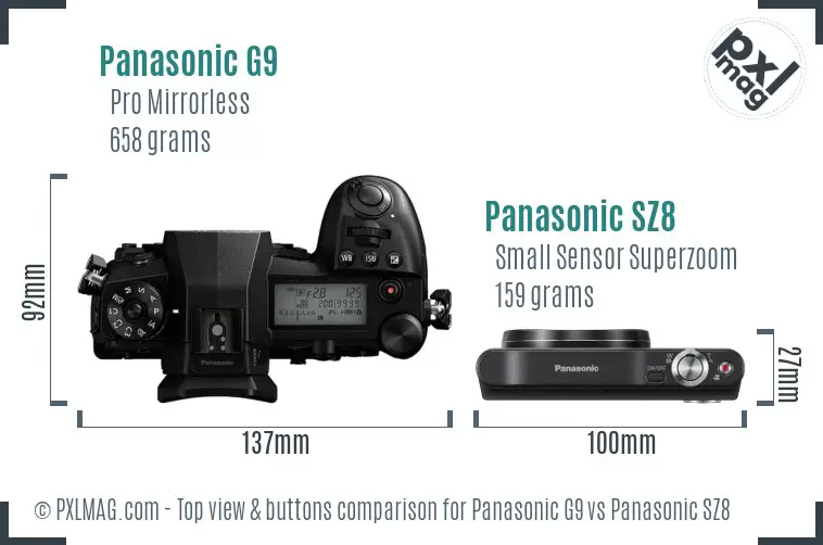 Panasonic G9 vs Panasonic SZ8 top view buttons comparison