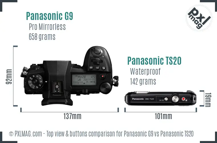 Panasonic G9 vs Panasonic TS20 top view buttons comparison