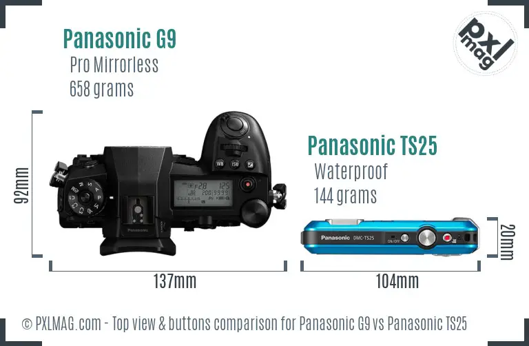 Panasonic G9 vs Panasonic TS25 top view buttons comparison