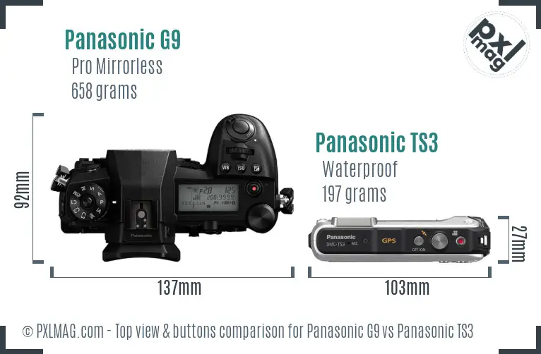 Panasonic G9 vs Panasonic TS3 top view buttons comparison Panasonic G9 vs Panasonic TS3 top view buttons comparison