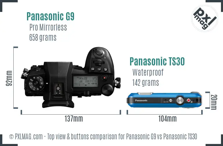 Panasonic G9 vs Panasonic TS30 top view buttons comparison