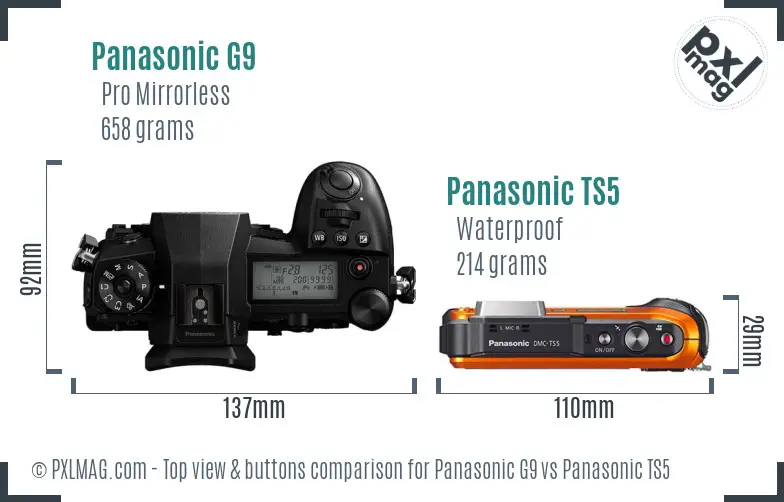 Panasonic G9 vs Panasonic TS5 top view buttons comparison