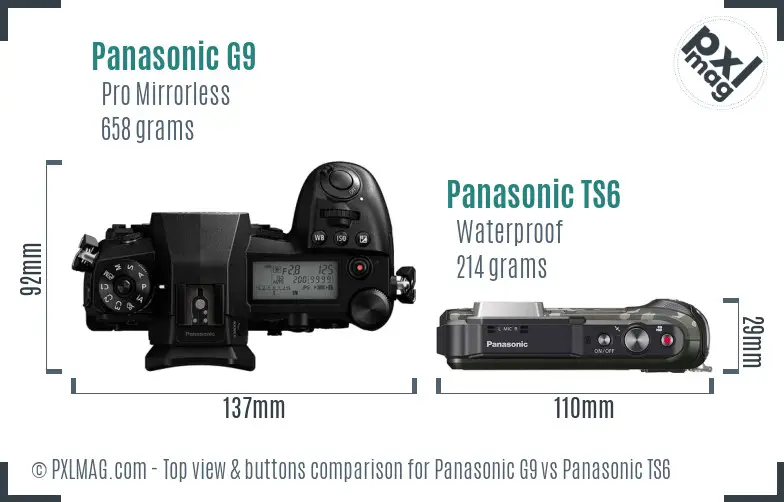 Panasonic G9 vs Panasonic TS6 top view buttons comparison