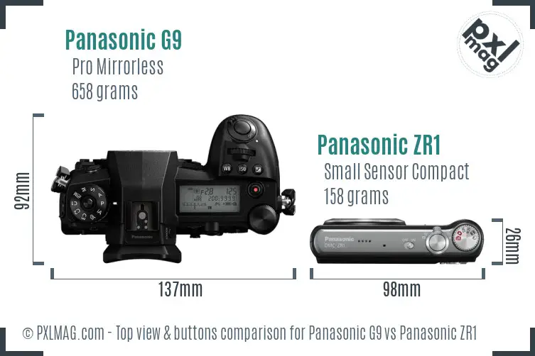 Panasonic G9 vs Panasonic ZR1 top view buttons comparison