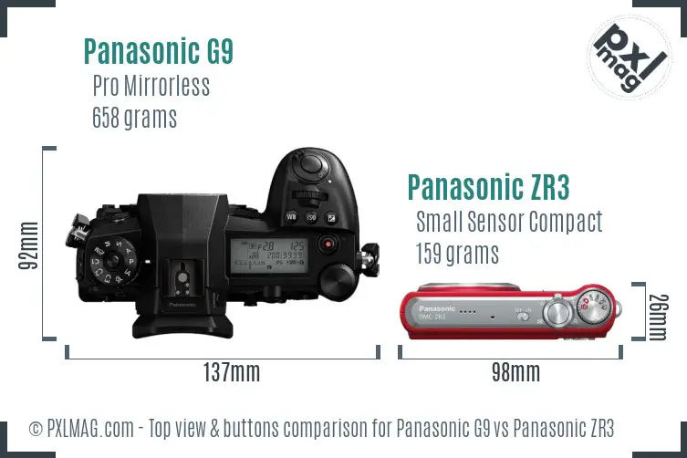 Panasonic G9 vs Panasonic ZR3 top view buttons comparison